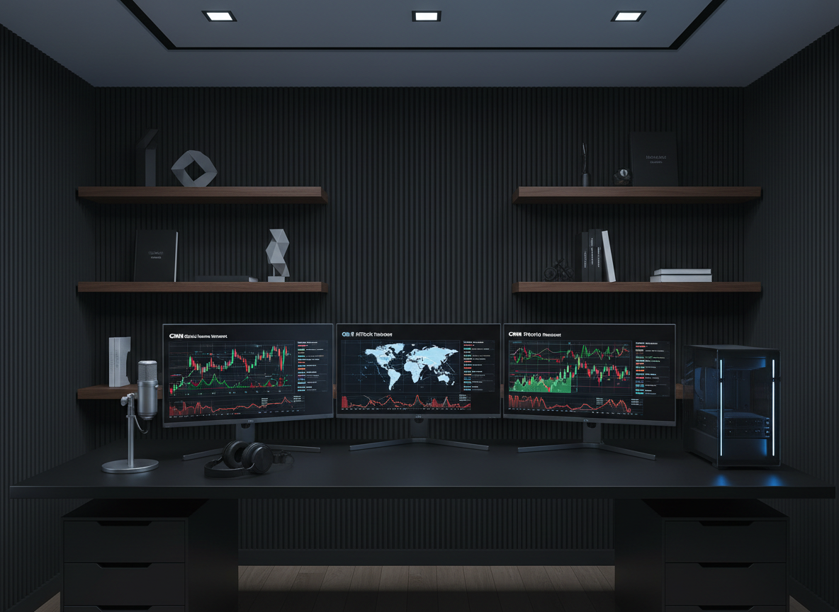 A meticulously organized, high-end media command center without any people, featuring a long matte black desk supporting multiple ultra-thin 8K monitors displaying world maps, stock charts, and media networks’ logos. A brushed aluminum microphone, closed-back studio headphones, and a sleek glass-encased server tower with subtle blue LEDs sit neatly arranged. The room’s walls are dark acoustic panels and floating walnut shelves with minimalist branding objects. Soft, cool-toned studio lighting from recessed ceiling fixtures creates refined highlights on metal surfaces and gentle reflections on the glossy monitor screens. Photographic realism, captured at eye level with a wide-angle lens, sharp focus throughout, conveying a sophisticated, global media brokerage hub that feels calm, controlled, and technologically advanced.