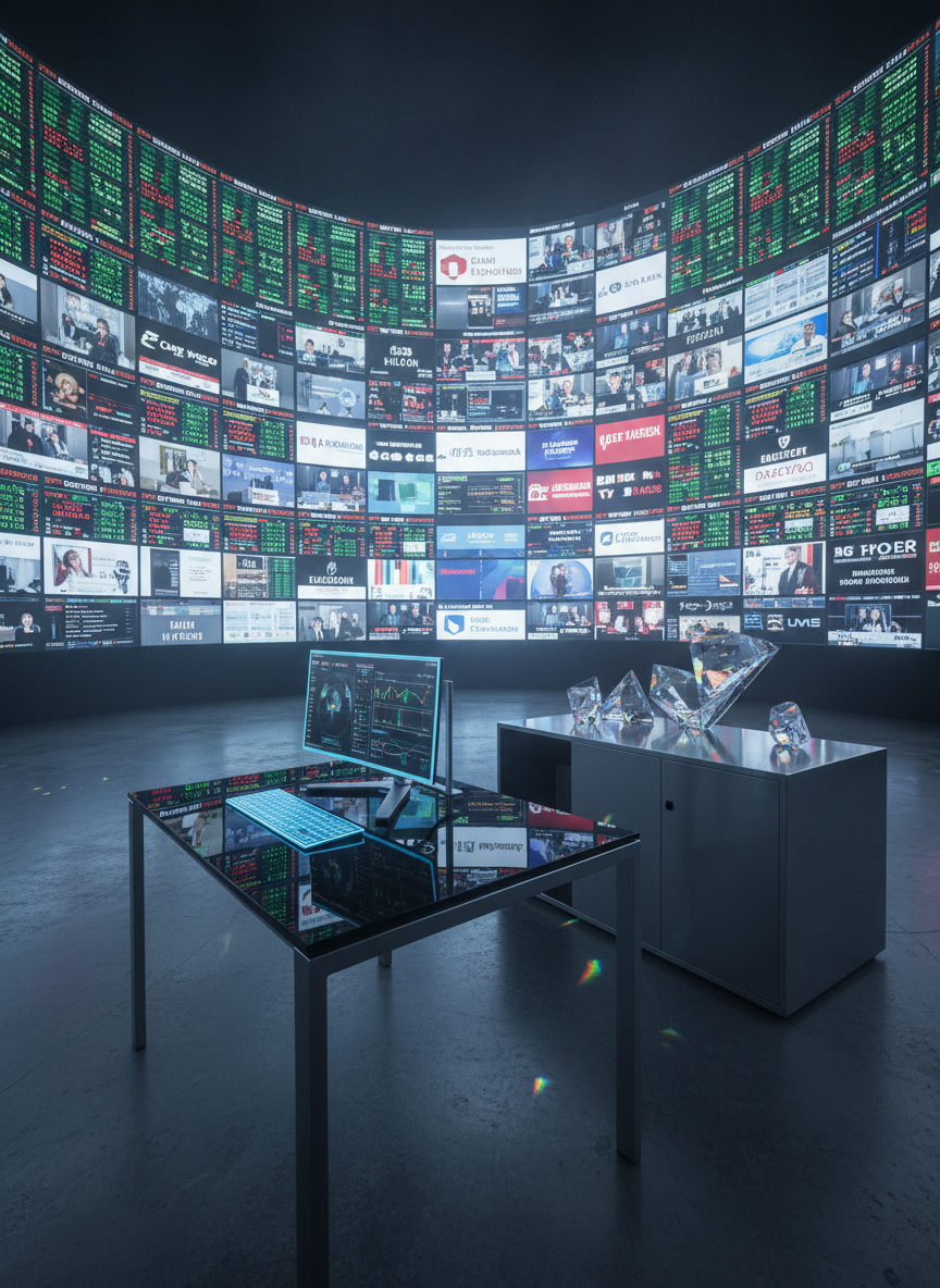 A cinematic trading and media analysis environment devoid of people, where a curved wall of vertical screens displays synchronized financial tickers, international newsroom feeds, and real-time advertising inventories. In the foreground, a single minimalist workstation with a floating keyboard and a slim, frameless monitor sits on a dark smoked-glass desk, supported by brushed steel legs. Ambient light is low, with the primary illumination coming from the cool glow of the screens, casting intricate reflections on the floor and desk surface. A few sculptural crystal forms rest on a side console, catching hints of color from the displays. Photographic realism, shot from a low-angle three-quarter view, emphasizes scale and depth, suggesting a powerful, data-driven center for global commercial media brokerage.