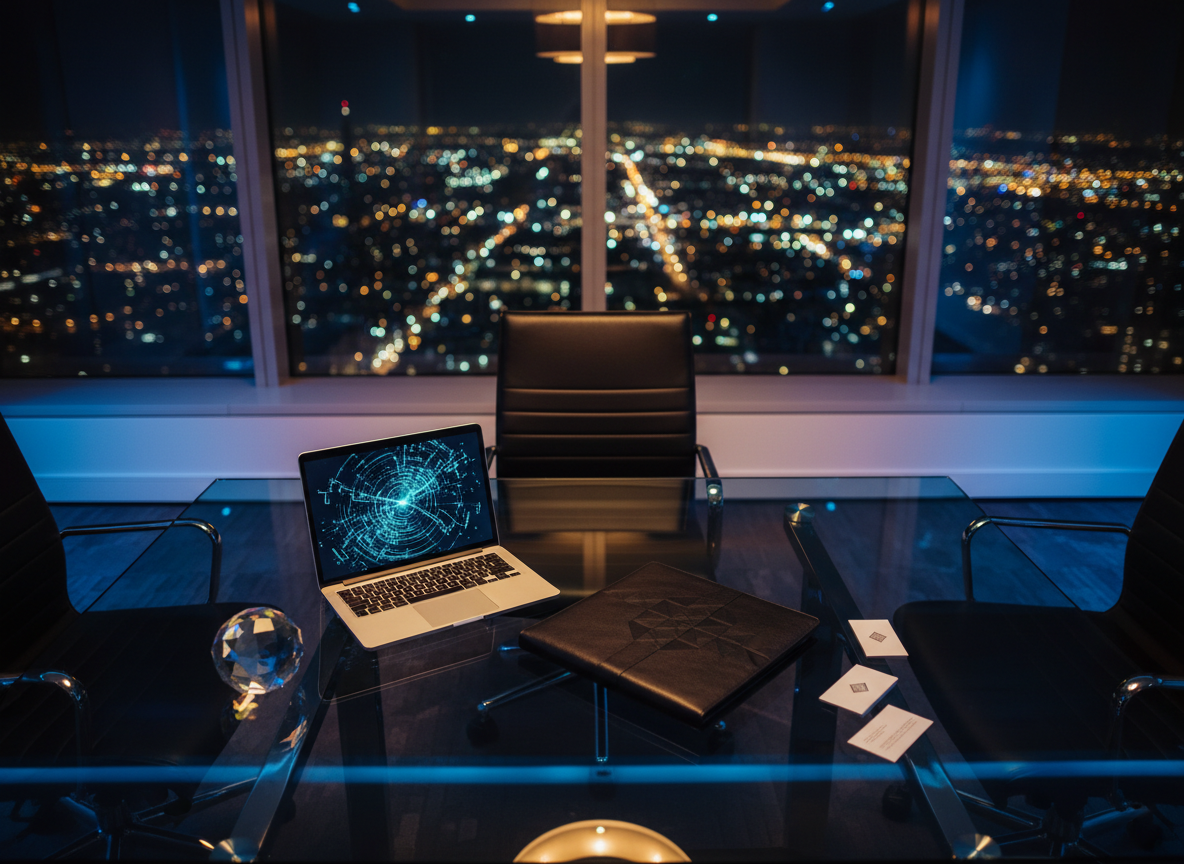 A luxurious glass and chrome conference table, completely empty of people, positioned in front of floor-to-ceiling windows overlooking a glittering nighttime city skyline. On the table rest only a few curated objects: a polished silver laptop displaying abstract analytics, a thick black leather portfolio, minimalist business cards with a diamond-shaped logo, and a heavy crystal paperweight. The city lights outside form a soft bokeh, while cool blue interior uplighting and warm downlighting mix to create a balanced, cinematic ambience. Photographic realism with a slightly elevated angle, emphasizing reflections in the glass tabletop and the precise alignment of objects, projecting an atmosphere of high-stakes negotiations, discretion, and premium global media deals.