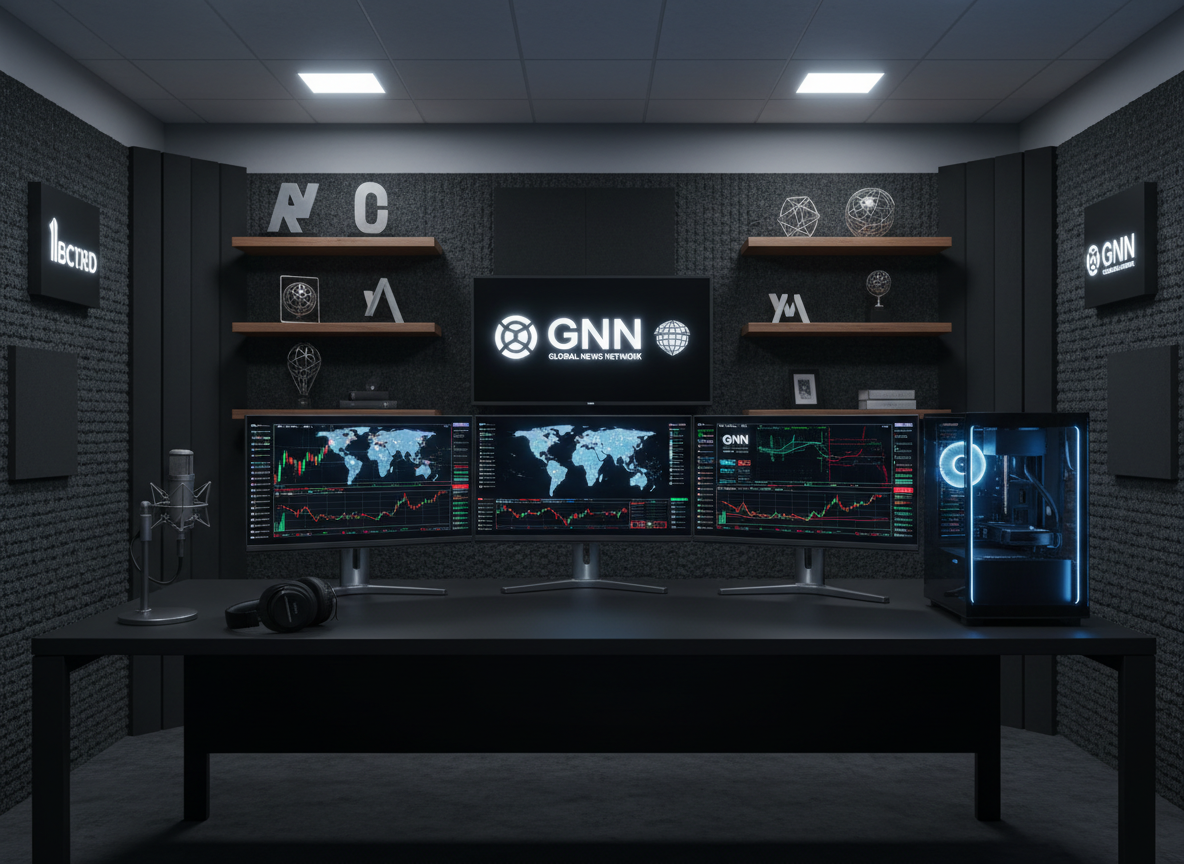 A meticulously organized, high-end media command center without any people, featuring a long matte black desk supporting multiple ultra-thin 8K monitors displaying world maps, stock charts, and media networks’ logos. A brushed aluminum microphone, closed-back studio headphones, and a sleek glass-encased server tower with subtle blue LEDs sit neatly arranged. The room’s walls are dark acoustic panels and floating walnut shelves with minimalist branding objects. Soft, cool-toned studio lighting from recessed ceiling fixtures creates refined highlights on metal surfaces and gentle reflections on the glossy monitor screens. Photographic realism, captured at eye level with a wide-angle lens, sharp focus throughout, conveying a sophisticated, global media brokerage hub that feels calm, controlled, and technologically advanced.