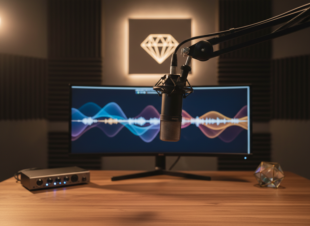 An elegant podcast production suite, completely empty of humans, centered on a single suspended broadcast-quality microphone with a black metal body and fine mesh grille, mounted on an articulated arm. The mic hovers above a walnut desk that holds a slim audio interface, color-graded waveforms on a large ultrawide screen, and a small geometric crystal ornament catching the light. Dark acoustic foam panels and a backlit wall featuring a subtle diamond crest logo form the background. Warm, directional studio lighting grazes the microphone, creating dramatic side highlights and soft shadows. Photographic realism, shallow depth of field with the microphone in sharp focus and the background gently blurred, conveying a quiet, sophisticated environment designed for premium podcast production and brand storytelling.