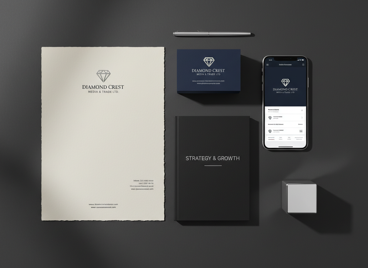 A refined branding concept flat lay on a deep charcoal background, arranged with no human presence: embossed navy business cards featuring a silver diamond crest, a thick textured letterhead, a minimalist pitch deck booklet with metallic foil title, and a high-end smartphone displaying a sleek media brokerage dashboard. A slim silver pen and a small mirrored cube add reflective accents. Overhead softbox lighting produces even, diffused illumination, with subtle specular highlights dancing across the metallic elements. Photographic realism from a precise top-down perspective, every edge perfectly aligned, evoking the meticulous strategy, premium positioning, and global sophistication behind Diamond Crest Media & Trade Ltd’s branding and commercial media services.